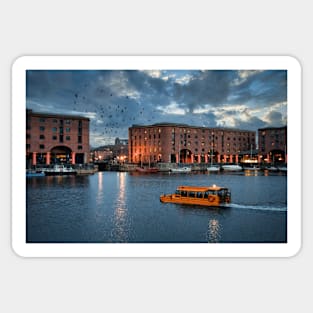 Albert Dock Liverpool at dusk with a yellow Duck Marine Craft Sticker